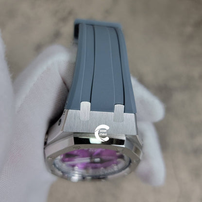 Casioak Mod Watch Silver Case Gray Rubber Strap Silver Time Mark Purple Dial 44mm- Casioak Mod Casio G-Shock Royal Oak Custom Mens Luxury Watches Ga2100