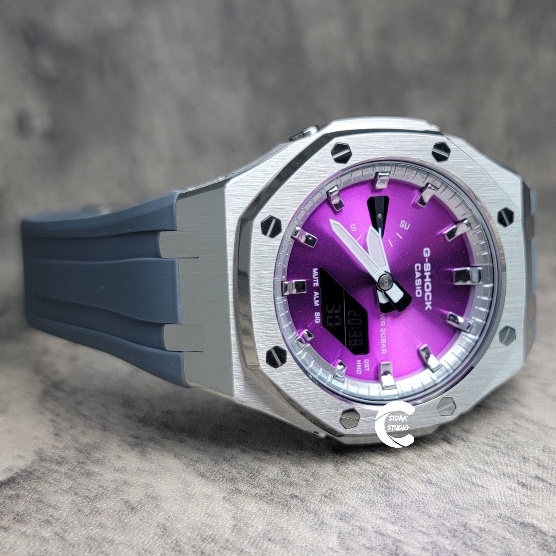 Casioak Mod Watch Silver Case Gray Rubber Strap Silver Time Mark Purple Dial 44mm- Casioak Mod Casio G-Shock Royal Oak Custom Mens Luxury Watches Ga2100