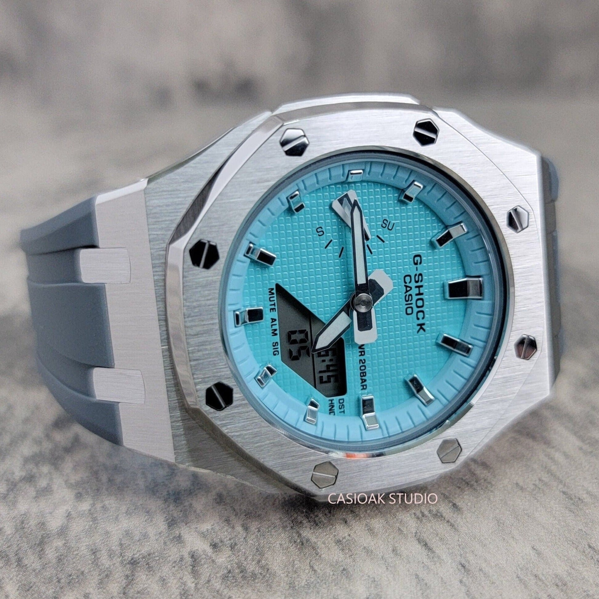 Casioak Mod Watch Silver Case Gray Rubber Strap Tiff Silver Time Mark Tiff Blue Dial 42mm- Casioak Mod Casio G-Shock Royal Oak Custom Mens Luxury Watches Ga2100