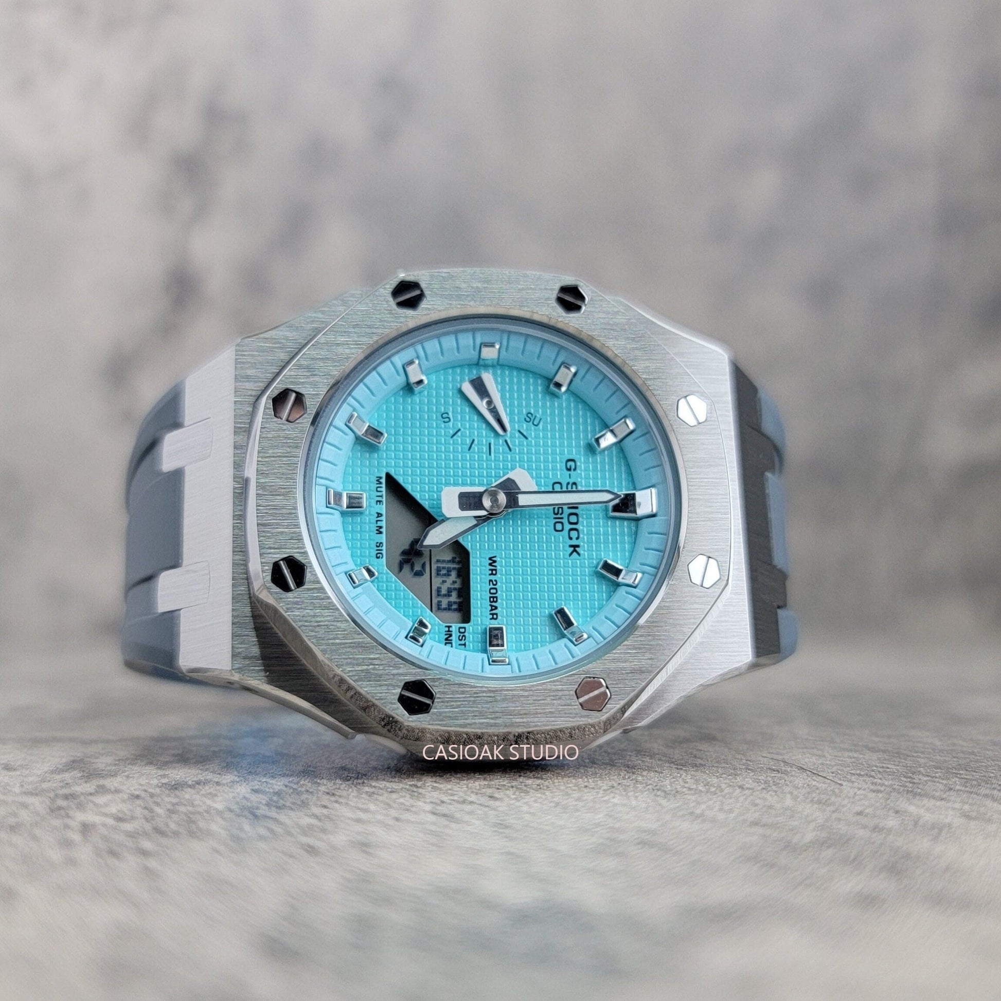 Casioak Mod Watch Silver Case Gray Rubber Strap Tiff Silver Time Mark Tiff Blue Dial 42mm- Casioak Mod Casio G-Shock Royal Oak Custom Mens Luxury Watches Ga2100