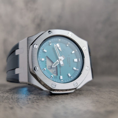 Casioak Mod Watch Silver Case Gray Rubber Strap Tiff Silver Time Mark Tiff Blue Dial 42mm- Casioak Mod Casio G-Shock Royal Oak Custom Mens Luxury Watches Ga2100