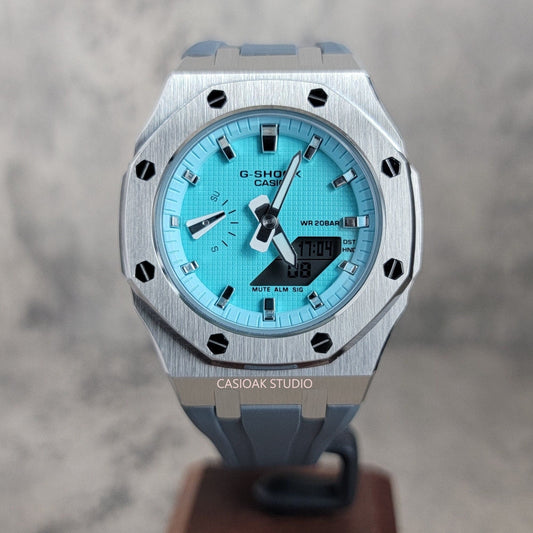 Casioak Mod Watch Silver Case Gray Rubber Strap Tiff Silver Time Mark Tiff Blue Dial 42mm- Casioak Mod Casio G-Shock Royal Oak Custom Mens Luxury Watches Ga2100