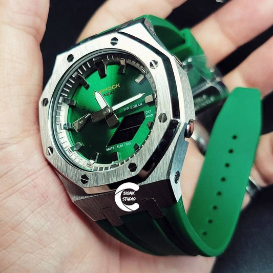 Casioak Mod Watch Silver Case Green Rubber Strap Silver Time Mark Green Dial 44mm- Casioak Mod Casio G-Shock Royal Oak Custom Mens Luxury Watches Ga2100