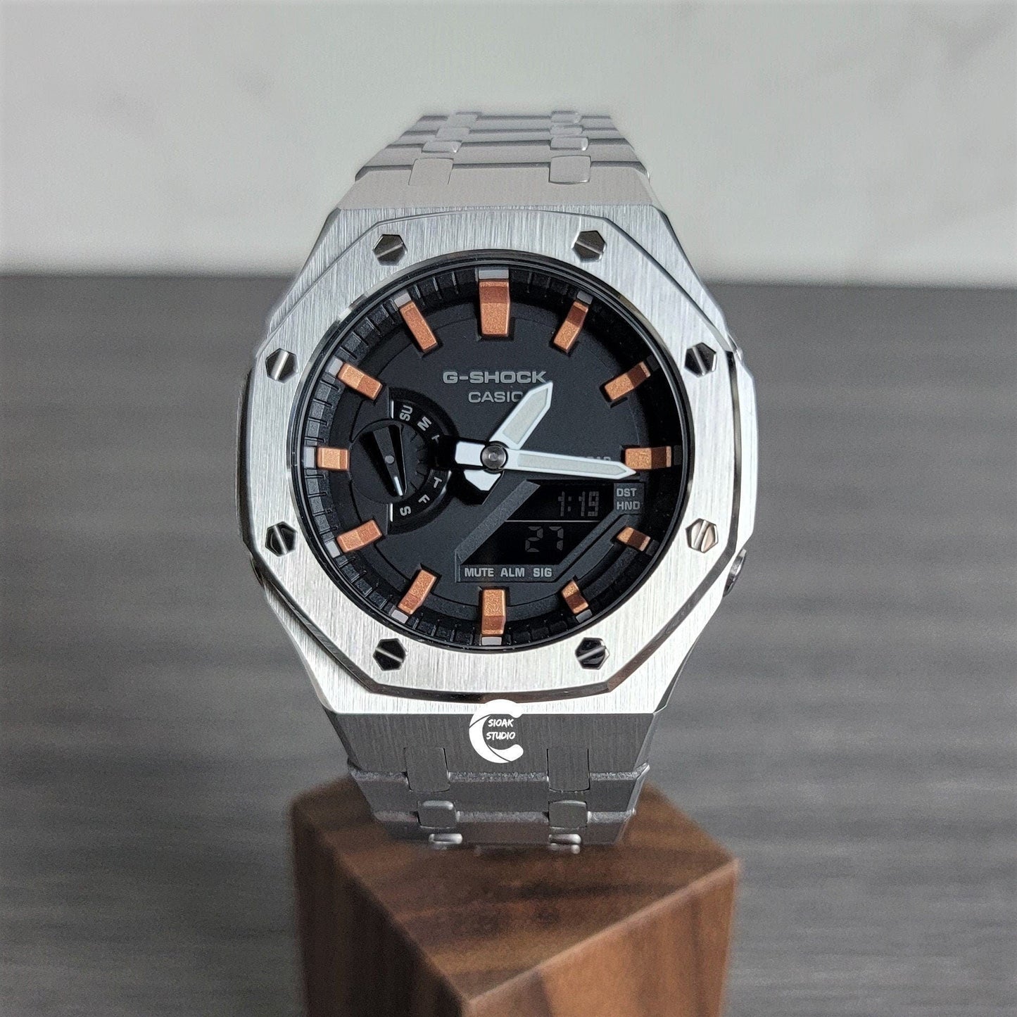 Casioak Mod Watch Silver Case Metal Strap Blacj Rose Gold Time Mark Black Dial 44mm- Casioak Mod Casio G-Shock Royal Oak Custom Mens Luxury Watches Ga2100