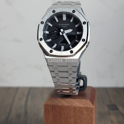 Casioak Mod Watch Silver Case Metal Strap Black Light Gray Time Mark Black Dial 44mm- Casioak Mod Casio G-Shock Royal Oak Custom Mens Luxury Watches Ga2100