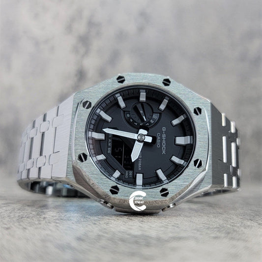 Casioak Mod Watch Silver Case Metal Strap Black Light Gray Time Mark Black Dial 44mm- Casioak Mod Casio G-Shock Royal Oak Custom Mens Luxury Watches Ga2100