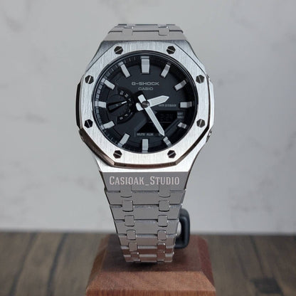 Casioak Mod Watch Silver Case Metal Strap Black Light Gray Time Mark Black Dial 44mm- Casioak Mod Casio G-Shock Royal Oak Custom Mens Luxury Watches Ga2100