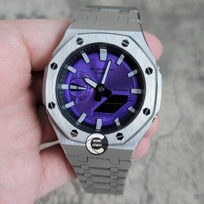 Casioak Mod Watch Silver Case Metal Strap Black Light Grey Time Mark Purple Dial 44mm- Casioak Mod Casio G-Shock Royal Oak Custom Mens Luxury Watches Ga2100