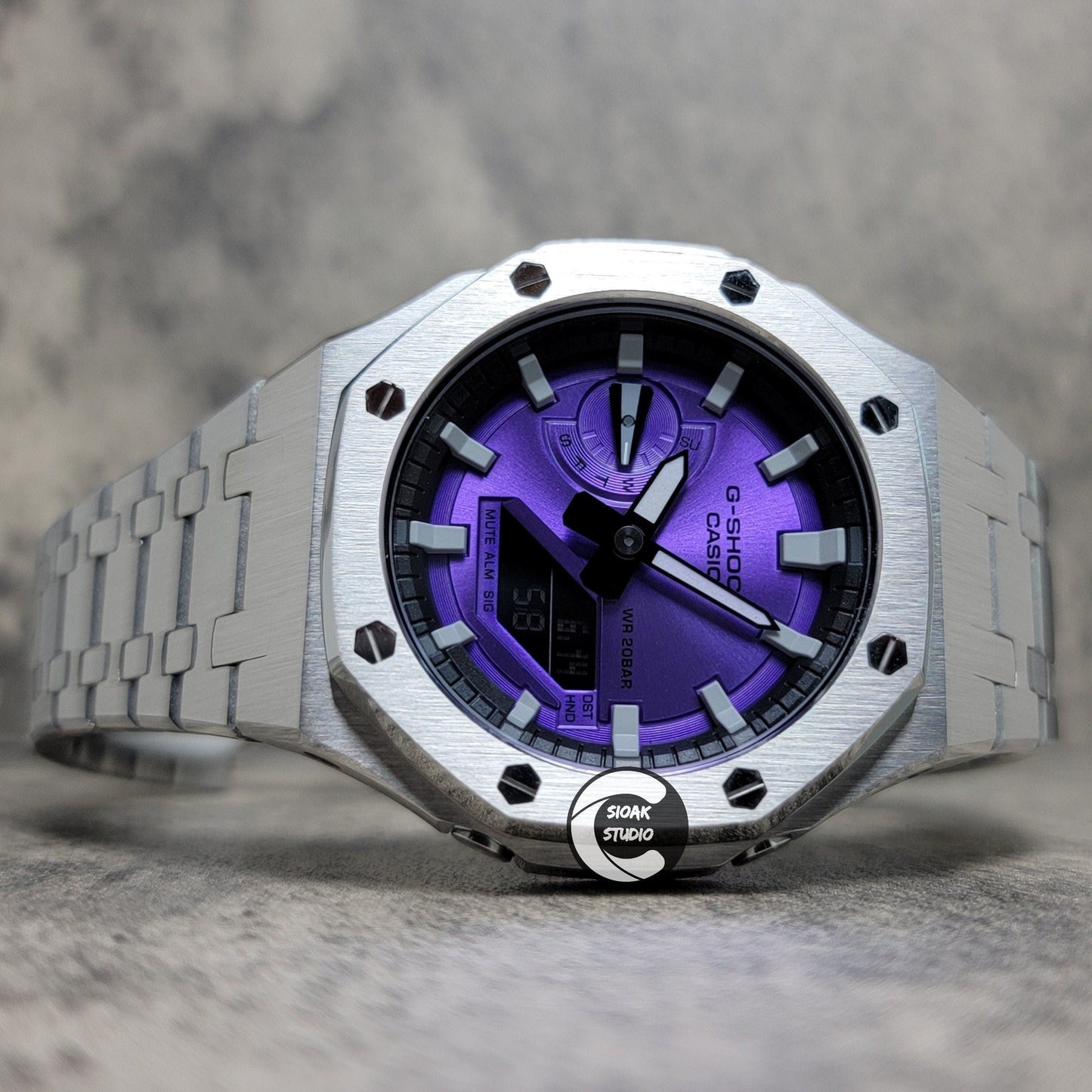 Casioak Mod Watch Silver Case Metal Strap Black Light Grey Time Mark Purple Dial 44mm- Casioak Mod Casio G-Shock Royal Oak Custom Mens Luxury Watches Ga2100