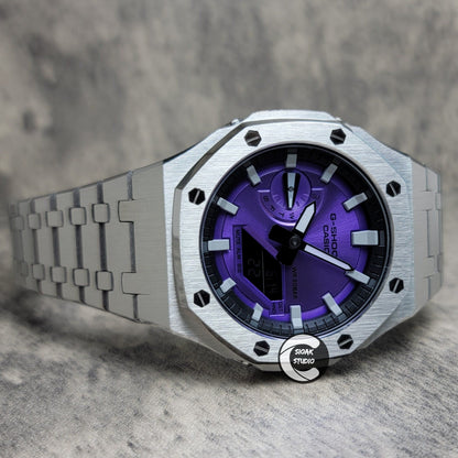 Casioak Mod Watch Silver Case Metal Strap Black Light Grey Time Mark Purple Dial 44mm- Casioak Mod Casio G-Shock Royal Oak Custom Mens Luxury Watches Ga2100