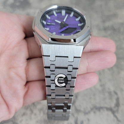 Casioak Mod Watch Silver Case Metal Strap Black Light Grey Time Mark Purple Dial 44mm- Casioak Mod Casio G-Shock Royal Oak Custom Mens Luxury Watches Ga2100