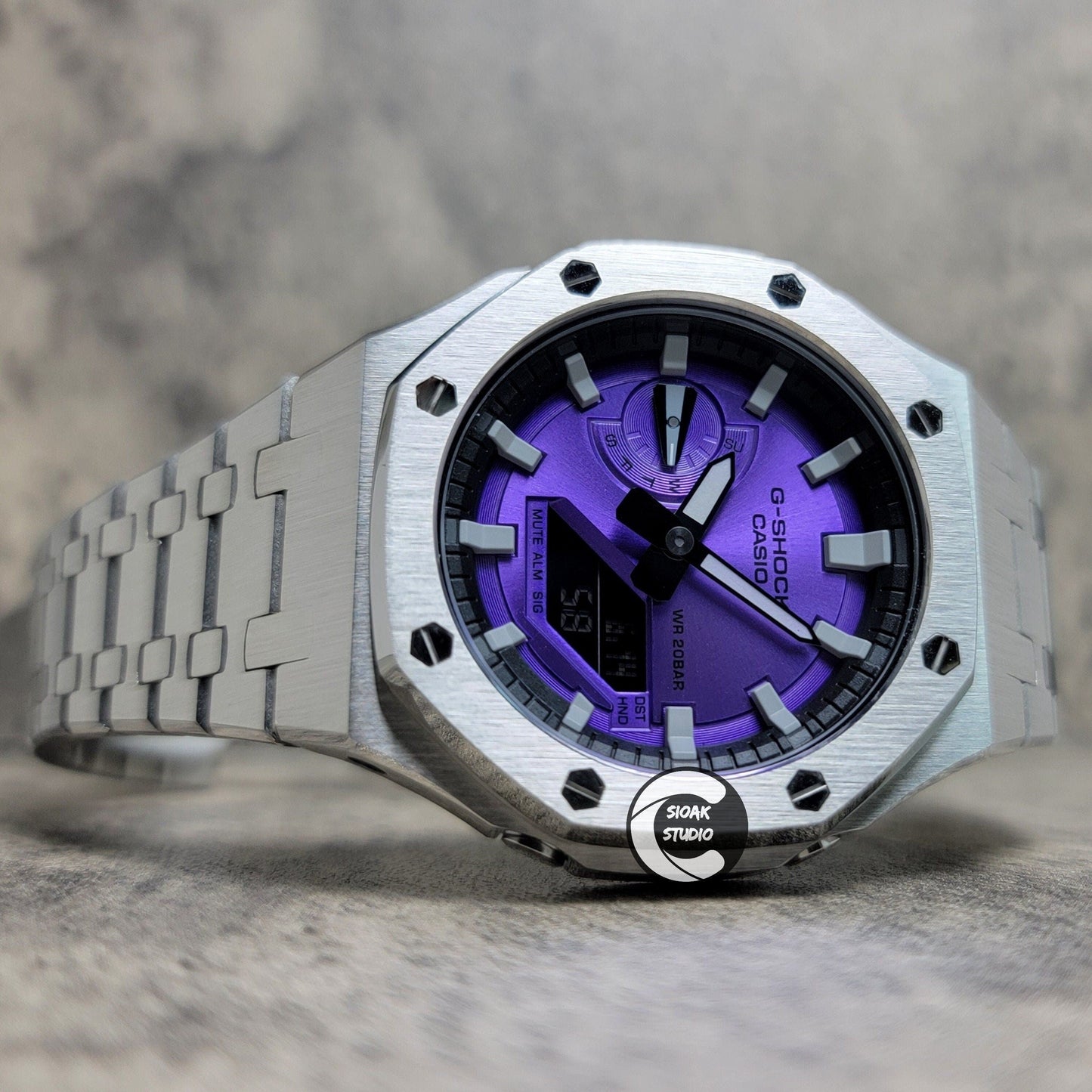 Casioak Mod Watch Silver Case Metal Strap Black Light Grey Time Mark Purple Dial 44mm- Casioak Mod Casio G-Shock Royal Oak Custom Mens Luxury Watches Ga2100