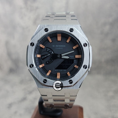 Casioak Mod Watch Silver Case Metal Strap Black Rose Gold Time Mark Black Dial 44mm- Casioak Mod Casio G-Shock Royal Oak Custom Mens Luxury Watches Ga2100