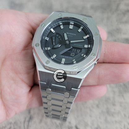 Casioak Mod Watch Silver Case Metal Strap Black Silver Time Mark Black Dial 44mm- Casioak Mod Casio G-Shock Royal Oak Custom Mens Luxury Watches Ga2100