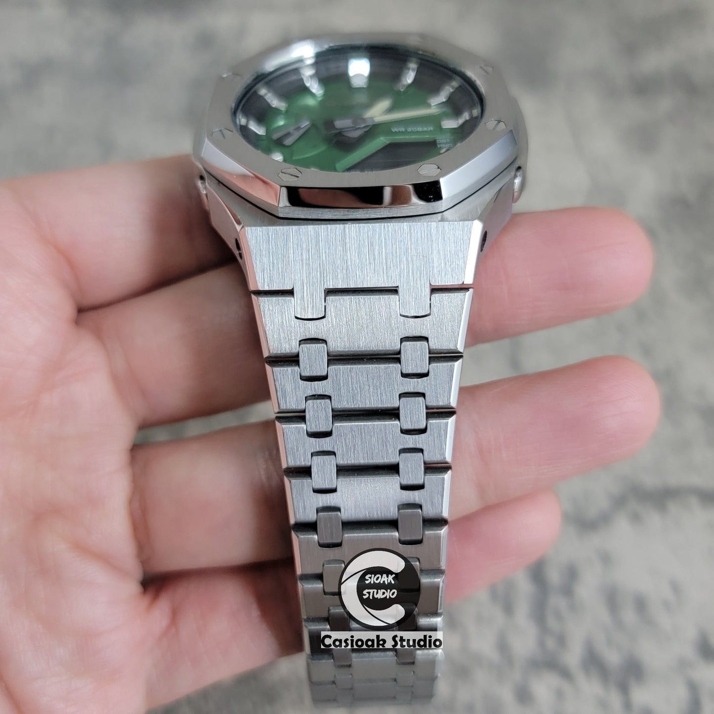 Casioak Mod Watch Silver Case Metal Strap Black Silver Time Mark Green Dial 44mm- Casioak Mod Casio G-Shock Royal Oak Custom Mens Luxury Watches Ga2100