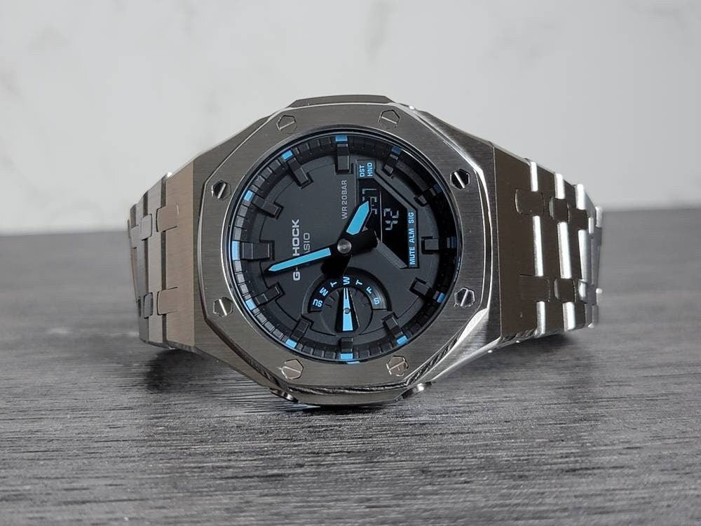 Casioak Mod Watch Silver Case Metal Strap Black Time Mark Black Dial 44mm Blue- Casioak Mod Casio G-Shock Royal Oak Custom Mens Luxury Watches Ga2100