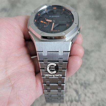 Casioak Mod Watch Silver Case Metal Strap Black Time Mark Black Dial Orange 44mm- Casioak Mod Casio G-Shock Royal Oak Custom Mens Luxury Watches Ga2100