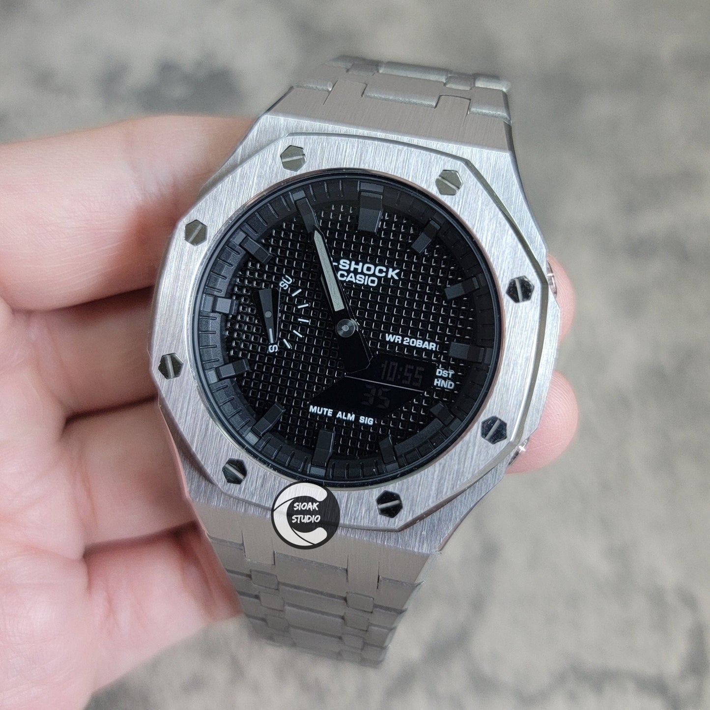 Casioak Mod Watch Silver Case Metal Strap Black Time Mark Black Waffle Dial 44mm- Casioak Mod Casio G-Shock Royal Oak Custom Mens Luxury Watches Ga2100