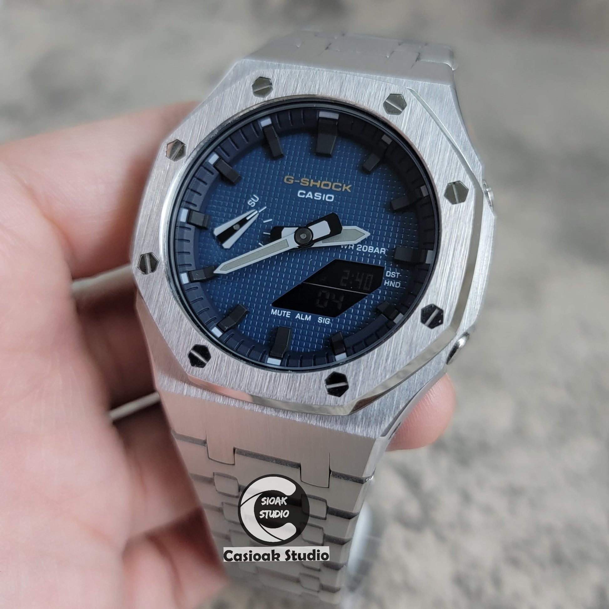 Casioak Mod Watch Silver Case Metal Strap Black Time Mark Blue Waffle Dial 44mm- Casioak Mod Casio G-Shock Royal Oak Custom Mens Luxury Watches Ga2100