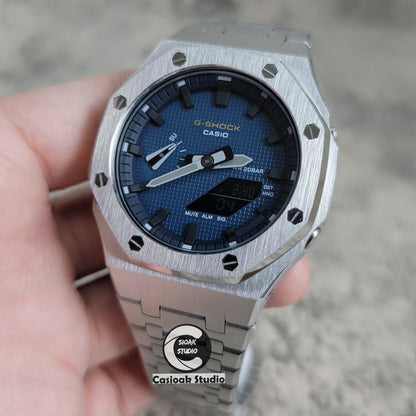 Casioak Mod Watch Silver Case Metal Strap Black Time Mark Blue Waffle Dial 44mm- Casioak Mod Casio G-Shock Royal Oak Custom Mens Luxury Watches Ga2100