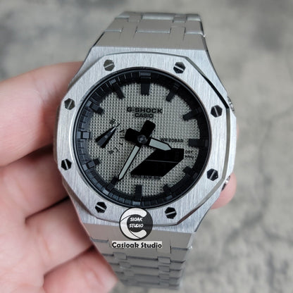 Casioak Mod Watch Silver Case Metal Strap Black Time Mark Gray Blue Dial 44mm- Casioak Mod Casio G-Shock Royal Oak Custom Mens Luxury Watches Ga2100