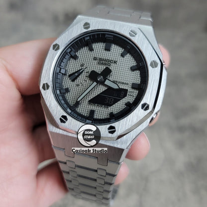 Casioak Mod Watch Silver Case Metal Strap Black Time Mark Gray Blue Dial 44mm- Casioak Mod Casio G-Shock Royal Oak Custom Mens Luxury Watches Ga2100