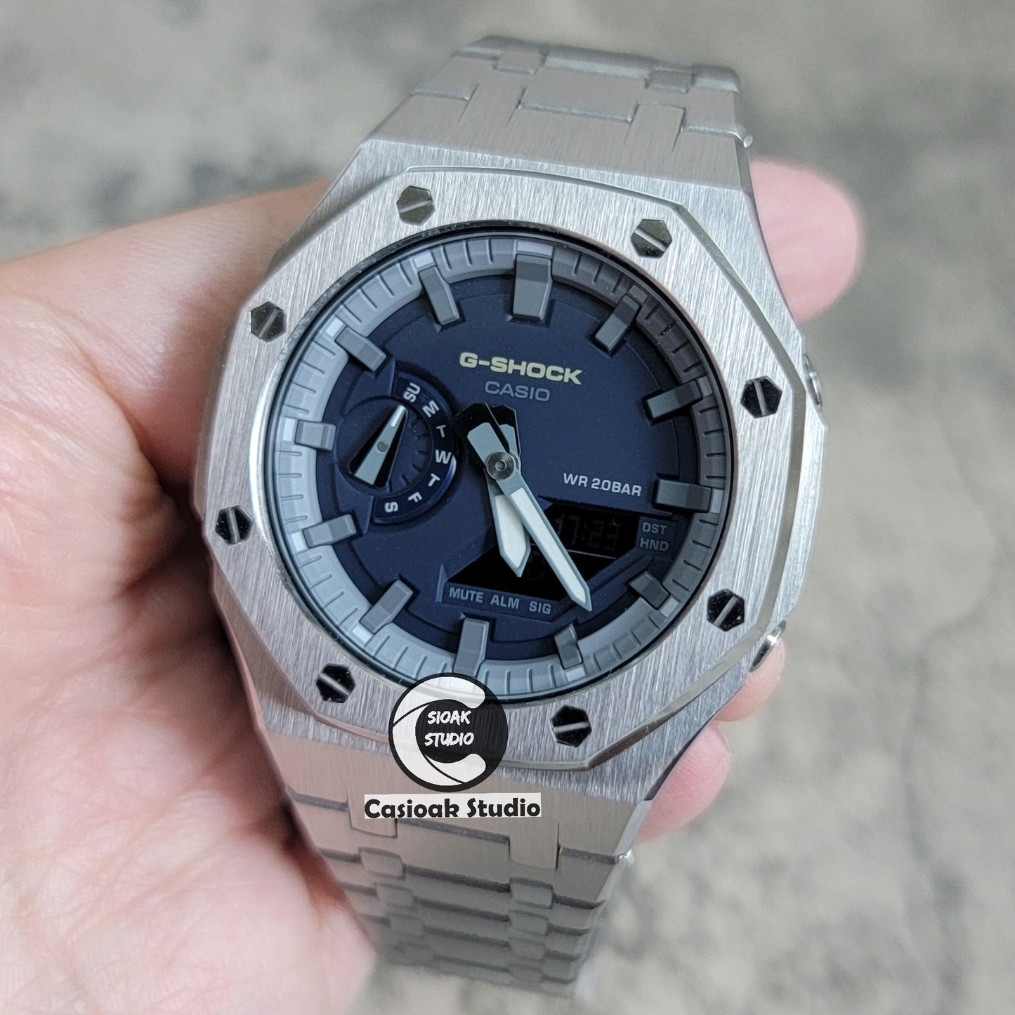 Casioak Mod Watch Silver Case Metal Strap Black Time Mark Navy Blue Dial 44mm- Casioak Mod Casio G-Shock Royal Oak Custom Mens Luxury Watches Ga2100