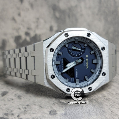 Casioak Mod Watch Silver Case Metal Strap Black Time Mark Navy Blue Dial 44mm- Casioak Mod Casio G-Shock Royal Oak Custom Mens Luxury Watches Ga2100