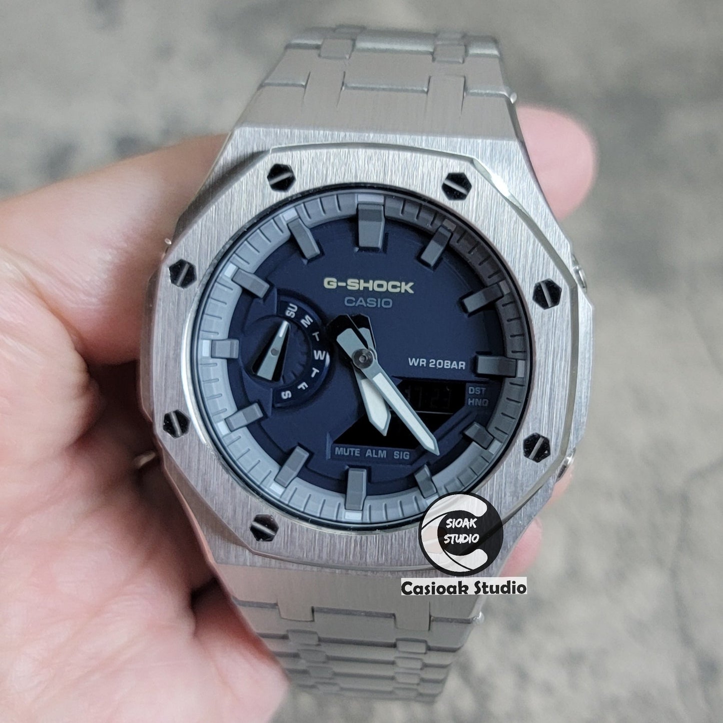 Casioak Mod Watch Silver Case Metal Strap Black Time Mark Navy Blue Dial 44mm- Casioak Mod Casio G-Shock Royal Oak Custom Mens Luxury Watches Ga2100