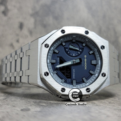 Casioak Mod Watch Silver Case Metal Strap Black Time Mark Navy Blue Dial 44mm- Casioak Mod Casio G-Shock Royal Oak Custom Mens Luxury Watches Ga2100