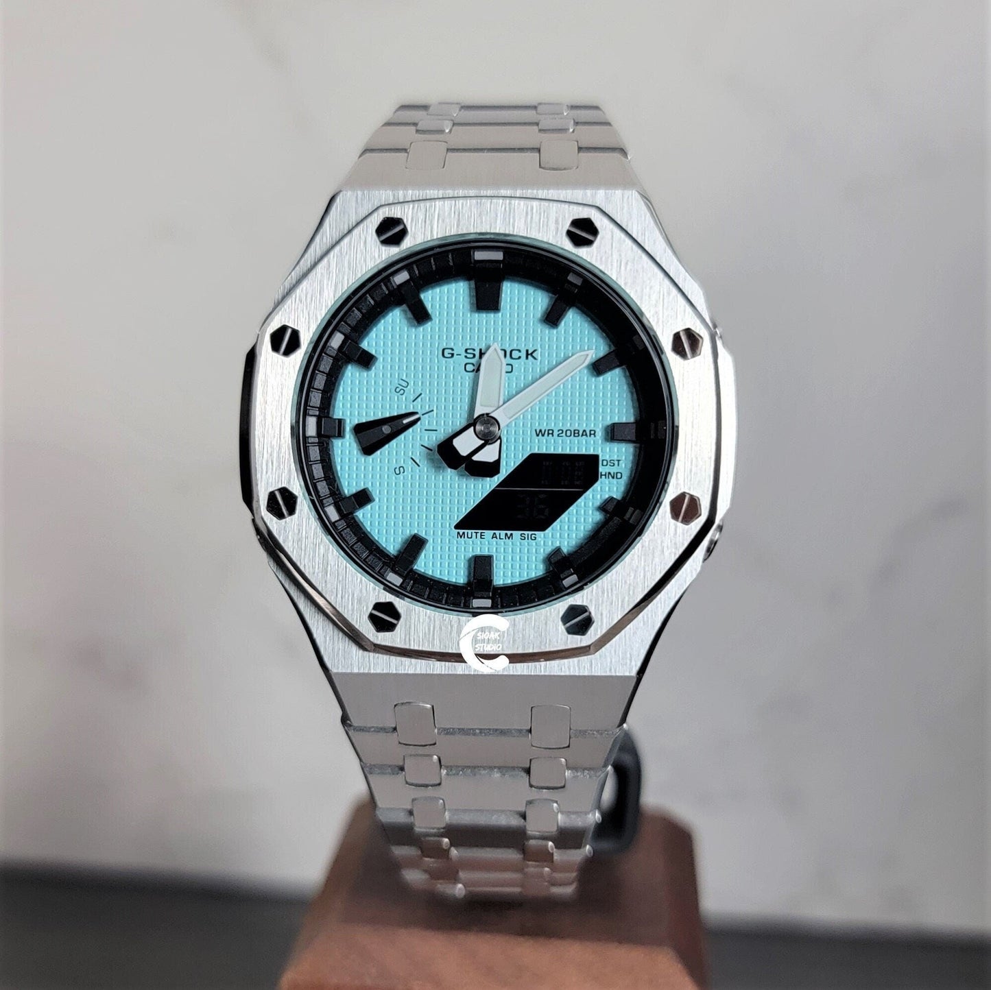 Casioak Mod Watch Silver Case Metal Strap Black Time Mark Tiff Blue Dial 44mm- Casioak Mod Casio G-Shock Royal Oak Custom Mens Luxury Watches Ga2100