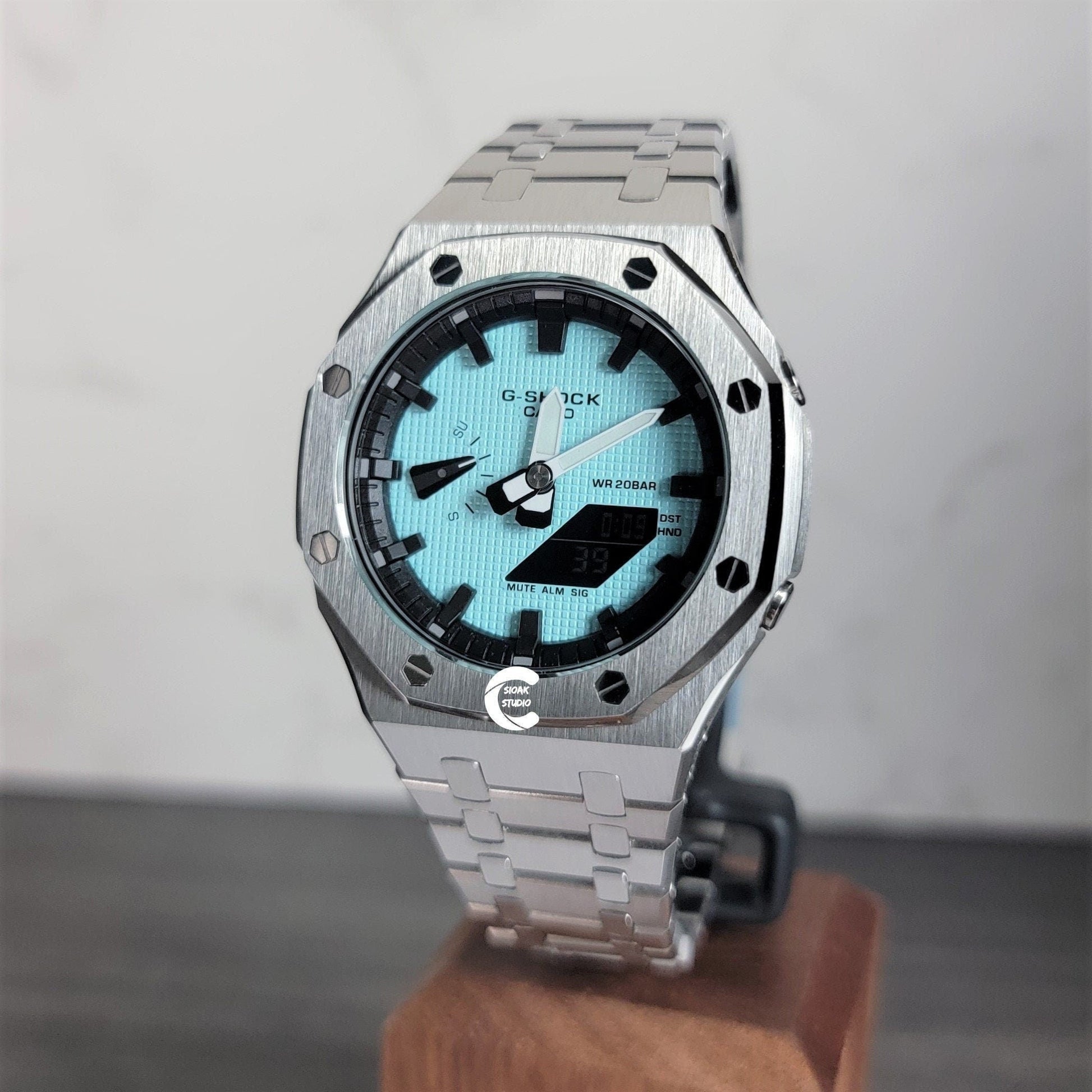 Casioak Mod Watch Silver Case Metal Strap Black Time Mark Tiff Blue Dial 44mm- Casioak Mod Casio G-Shock Royal Oak Custom Mens Luxury Watches Ga2100