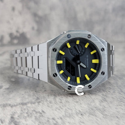 Casioak Mod Watch Silver Case Metal Strap Black Yellow Time Mark Black Dial 44mm- Casioak Mod Casio G-Shock Royal Oak Custom Mens Luxury Watches Ga2100