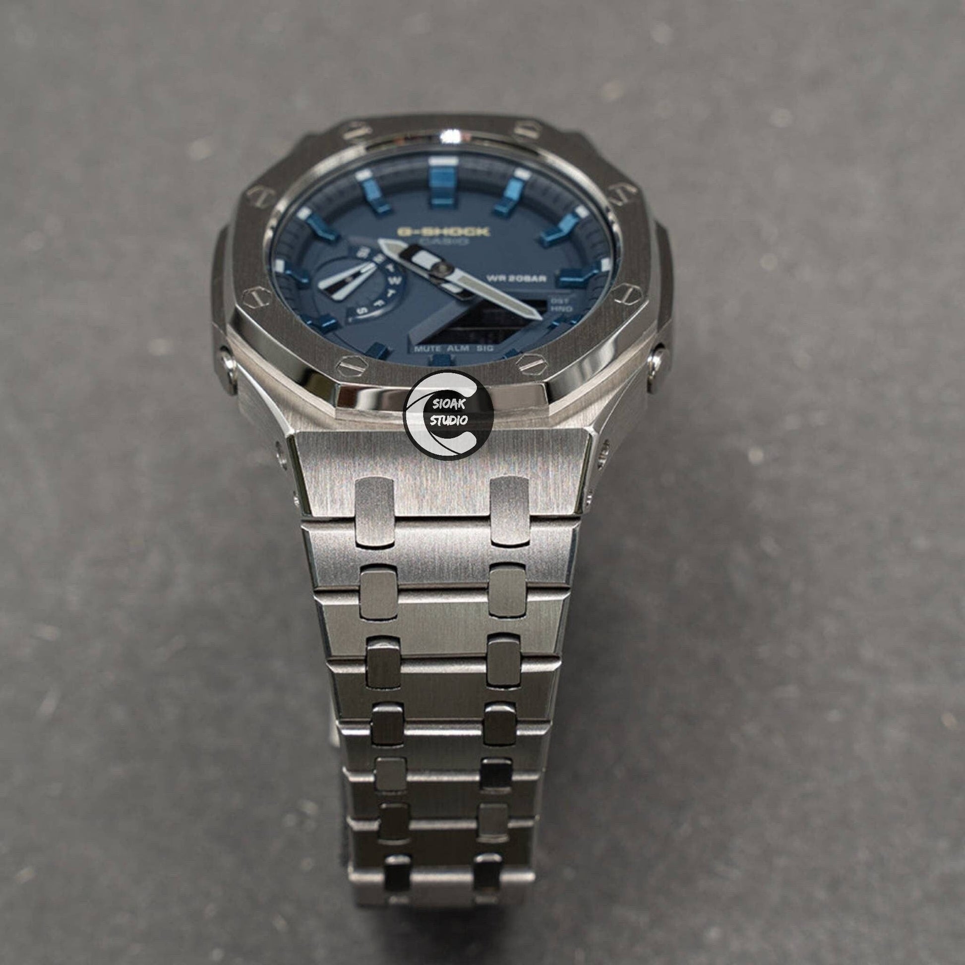 Casioak Mod Watch Silver Case Metal Strap Blue Blue Time Mark Blue Dial 44mm- Casioak Mod Casio G-Shock Royal Oak Custom Mens Luxury Watches Ga2100