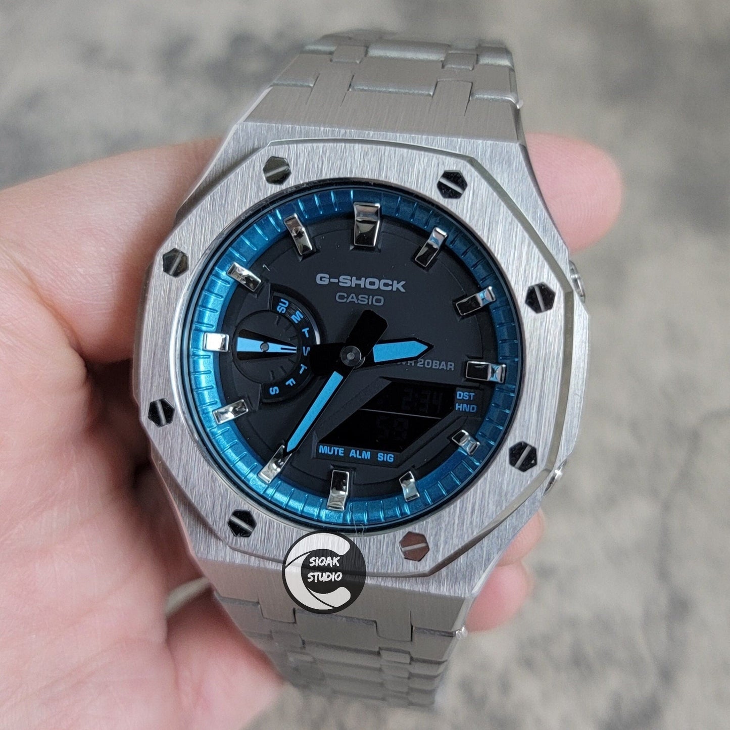 Casioak Mod Watch Silver Case Metal Strap Blue Silver Time Mark Black Dial 44mm- Casioak Mod Casio G-Shock Royal Oak Custom Mens Luxury Watches Ga2100