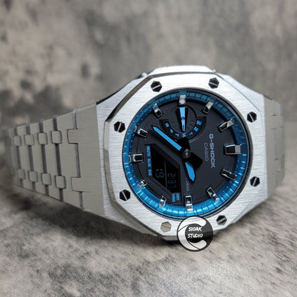 Casioak Mod Watch Silver Case Metal Strap Blue Silver Time Mark Black Dial 44mm- Casioak Mod Casio G-Shock Royal Oak Custom Mens Luxury Watches Ga2100