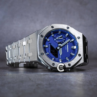 Casioak Mod Watch Silver Case Metal Strap Blue Silver Time Mark Blue Dial 44mm- Casioak Mod Casio G-Shock Royal Oak Custom Mens Luxury Watches Ga2100