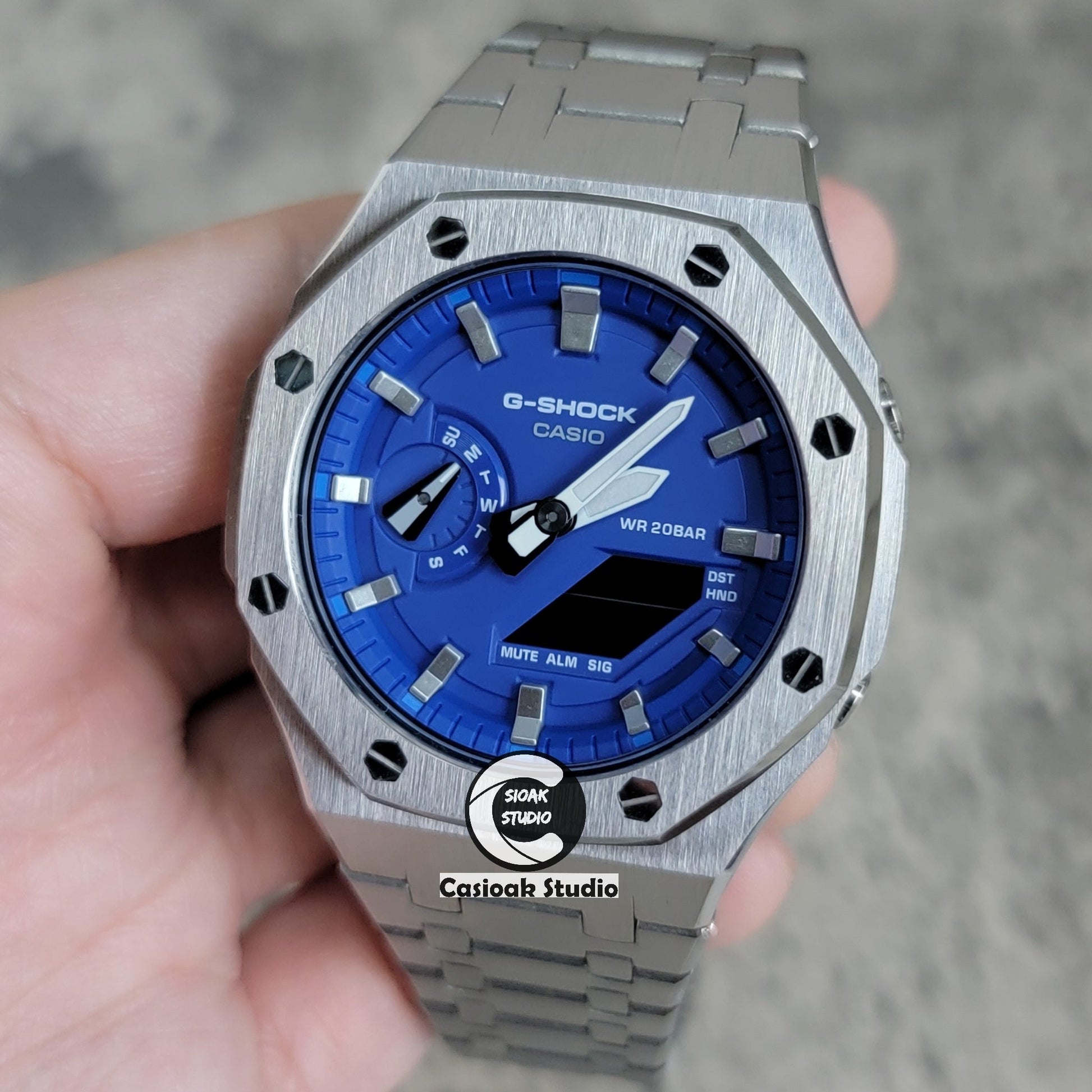 Casioak Mod Watch Silver Case Metal Strap Blue Silver Time Mark Blue Dial 44mm- Casioak Mod Casio G-Shock Royal Oak Custom Mens Luxury Watches Ga2100