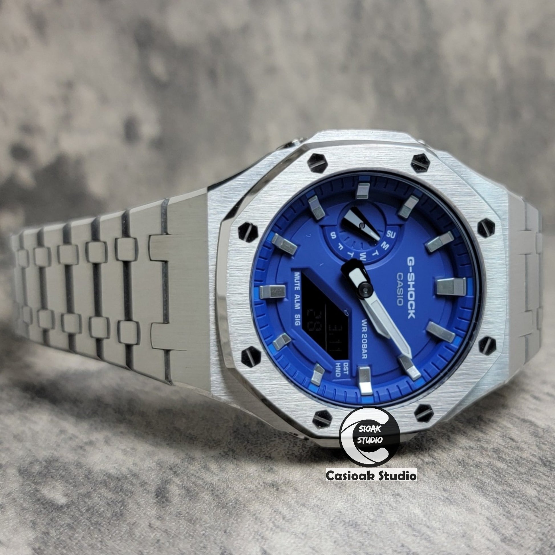 Casioak Mod Watch Silver Case Metal Strap Blue Silver Time Mark Blue Dial 44mm- Casioak Mod Casio G-Shock Royal Oak Custom Mens Luxury Watches Ga2100