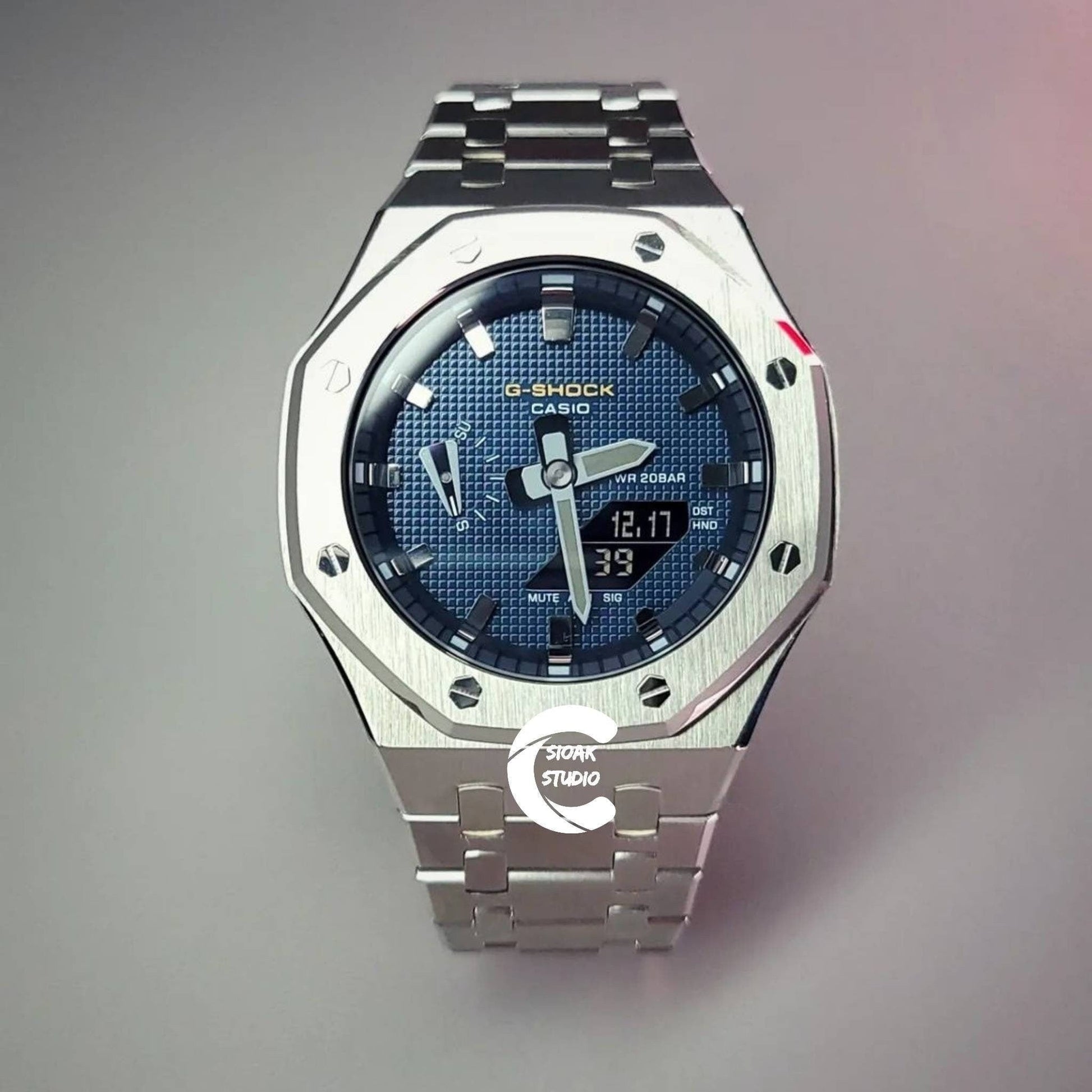 Casioak Mod Watch Silver Case Metal Strap Blue Silver Time Mark Blue Dial 44mm- Casioak Mod Casio G-Shock Royal Oak Custom Mens Luxury Watches Ga2100