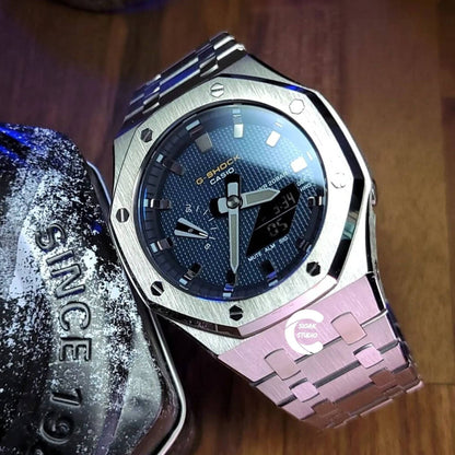 Casioak Mod Watch Silver Case Metal Strap Blue Silver Time Mark Blue Dial 44mm- Casioak Mod Casio G-Shock Royal Oak Custom Mens Luxury Watches Ga2100