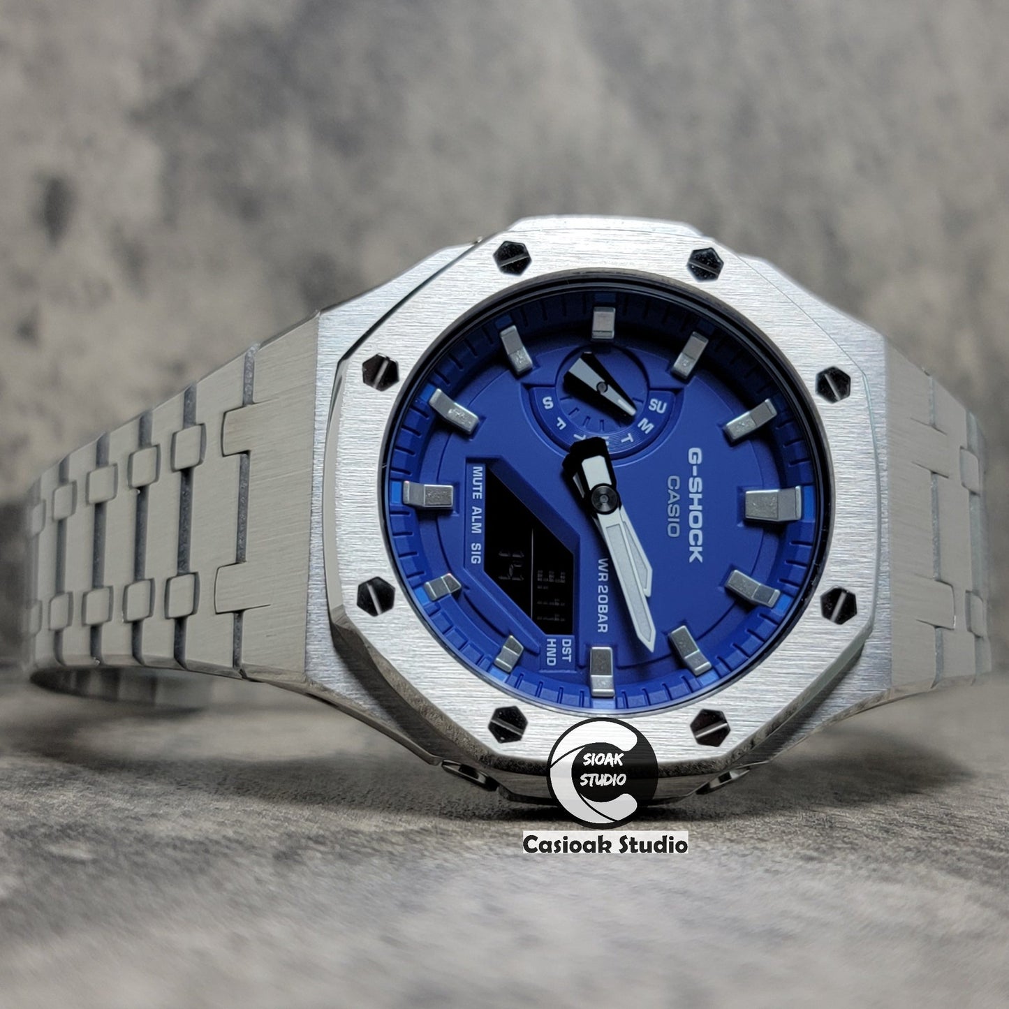 Casioak Mod Watch Silver Case Metal Strap Blue Silver Time Mark Blue Dial 44mm- Casioak Mod Casio G-Shock Royal Oak Custom Mens Luxury Watches Ga2100