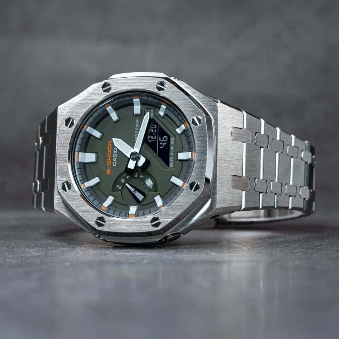 Casioak Modified Casioak Mod Watch Silver Case Metal Strap Gray White Time Mark Olive ...