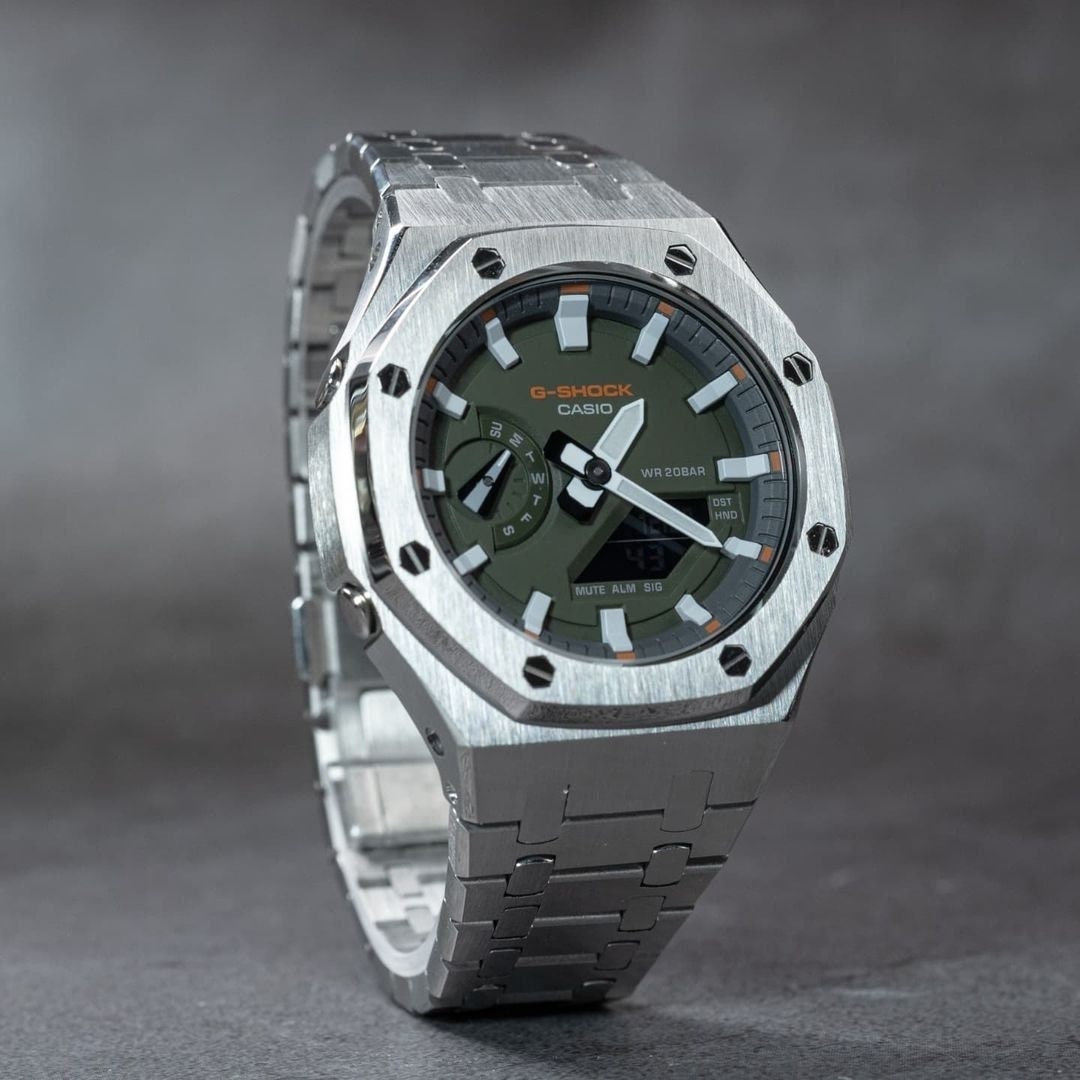 Casioak Mod Watch Silver Case Metal Strap Gray White Time Mark Olive Dial 44mm- Casioak Mod Casio G-Shock Royal Oak Custom Mens Luxury Watches Ga2100