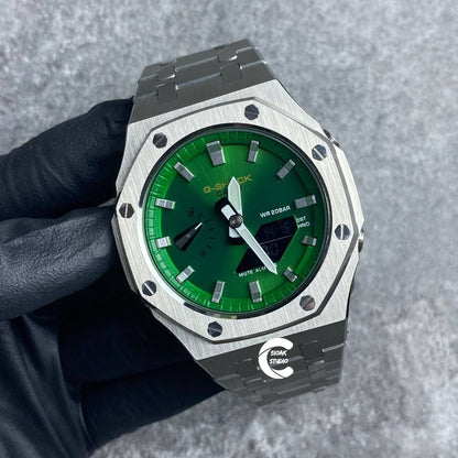 Casioak Mod Watch Silver Case Metal Strap Green Silver Time Mark Green Dial 44mm- Casioak Mod Casio G-Shock Royal Oak Custom Mens Luxury Watches Ga2100