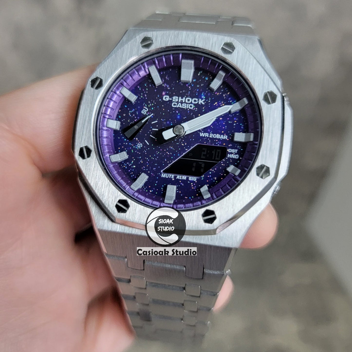 Casioak Mod Watch Silver Case Metal Strap Purple Silver Time Mark Purple Dial 44mm- Casioak Mod Casio G-Shock Royal Oak Custom Mens Luxury Watches Ga2100