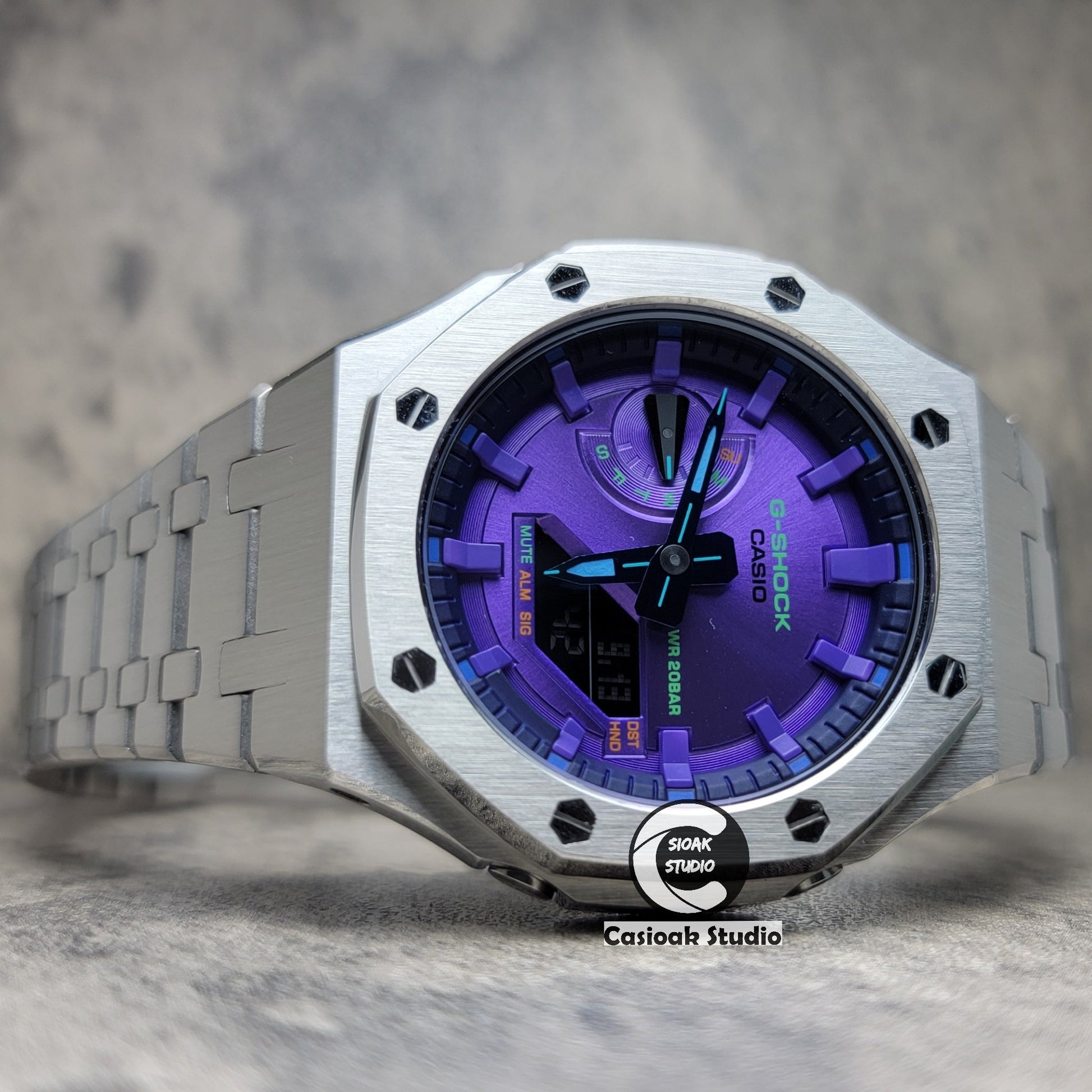 Casioak Mod Watch Silver Case Metal Strap Purple Time Mark Purple Dial 44mm- Casioak Mod Casio G-Shock Royal Oak Custom Mens Luxury Watches Ga2100