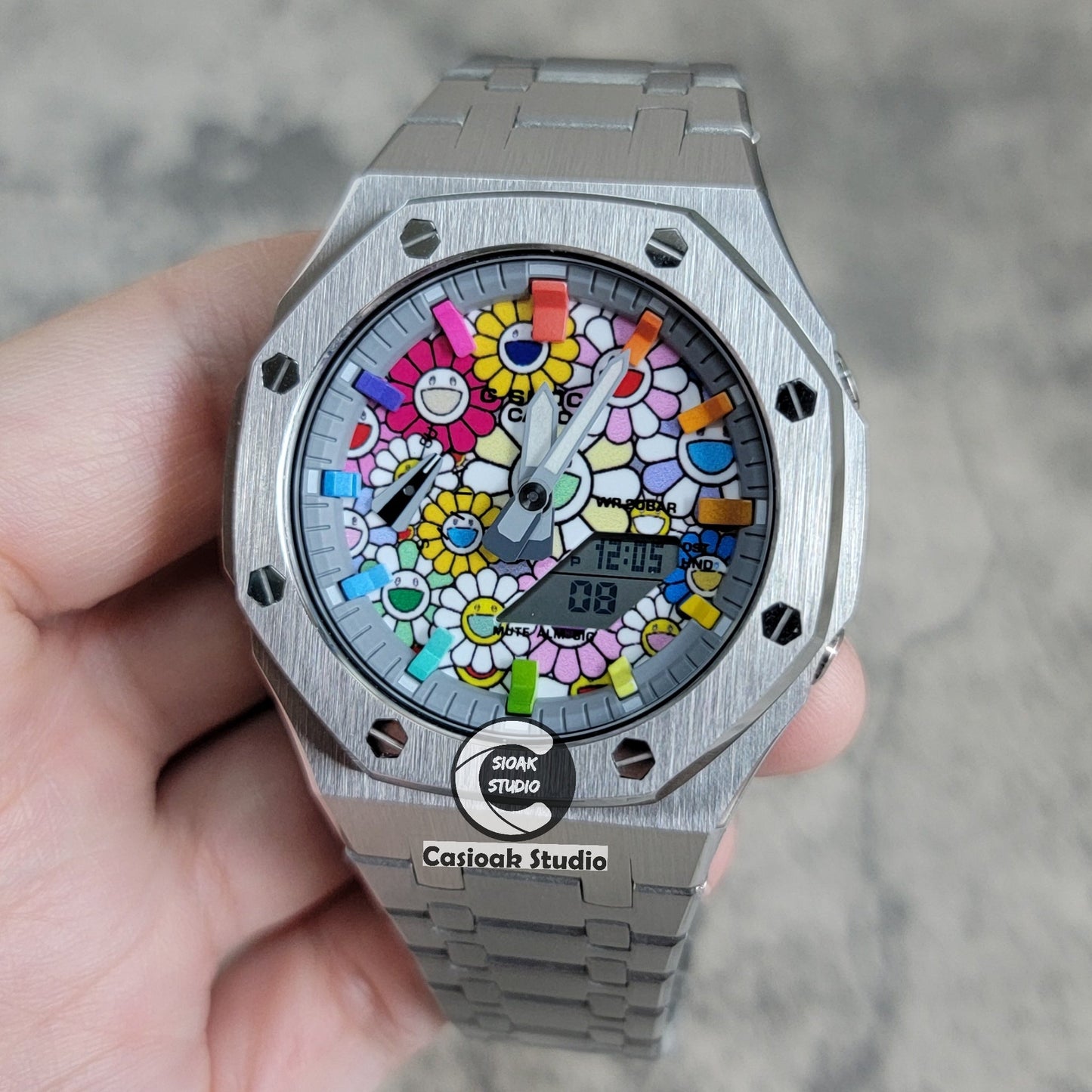 Casioak Mod Watch Silver Case Metal Strap Rainbow Time Mark Takashi Murakami Dial 44mm- Casioak Mod Casio G-Shock Royal Oak Custom Mens Luxury Watches Ga2100