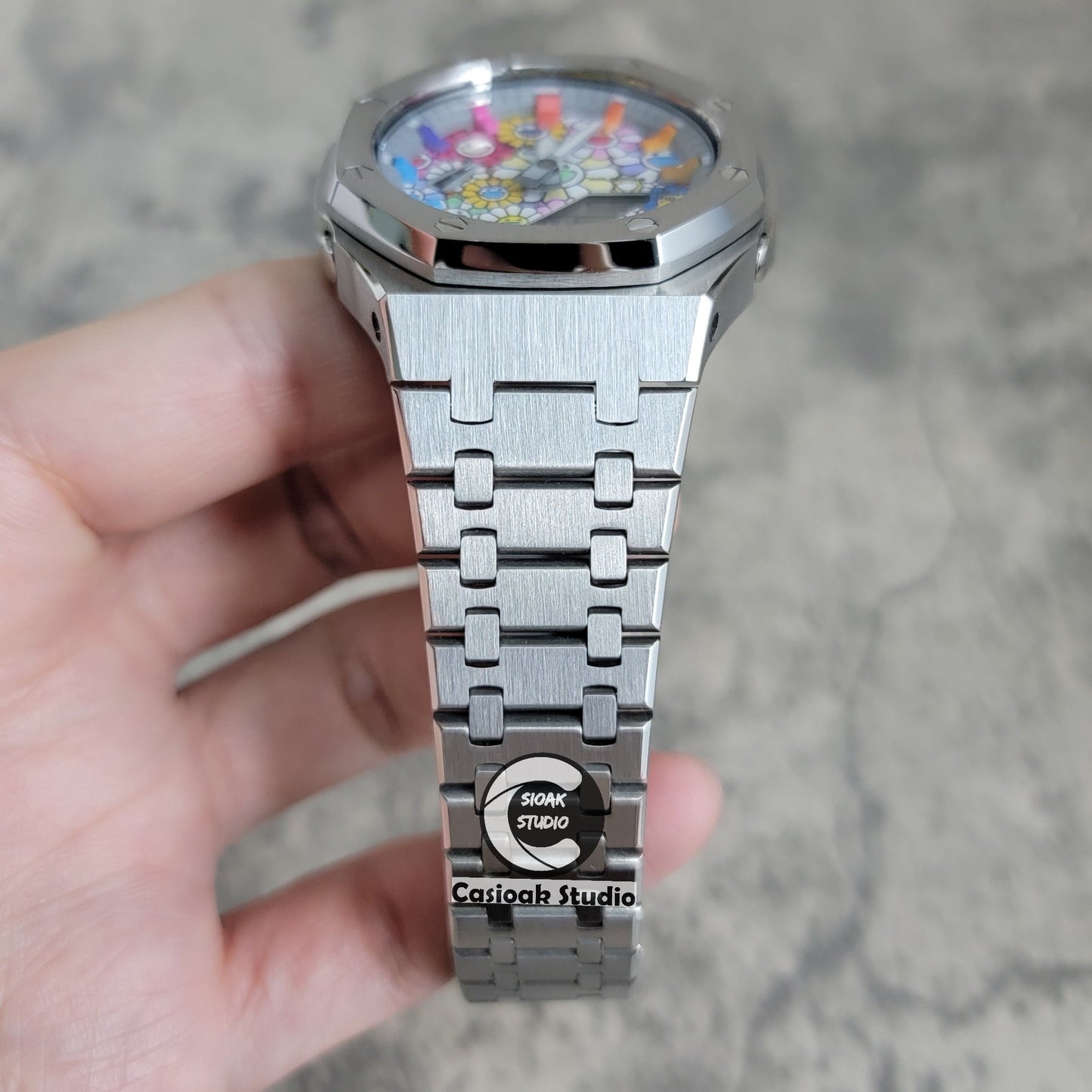 Casioak Mod Watch Silver Case Metal Strap Rainbow Time Mark Takashi Murakami Dial 44mm- Casioak Mod Casio G-Shock Royal Oak Custom Mens Luxury Watches Ga2100