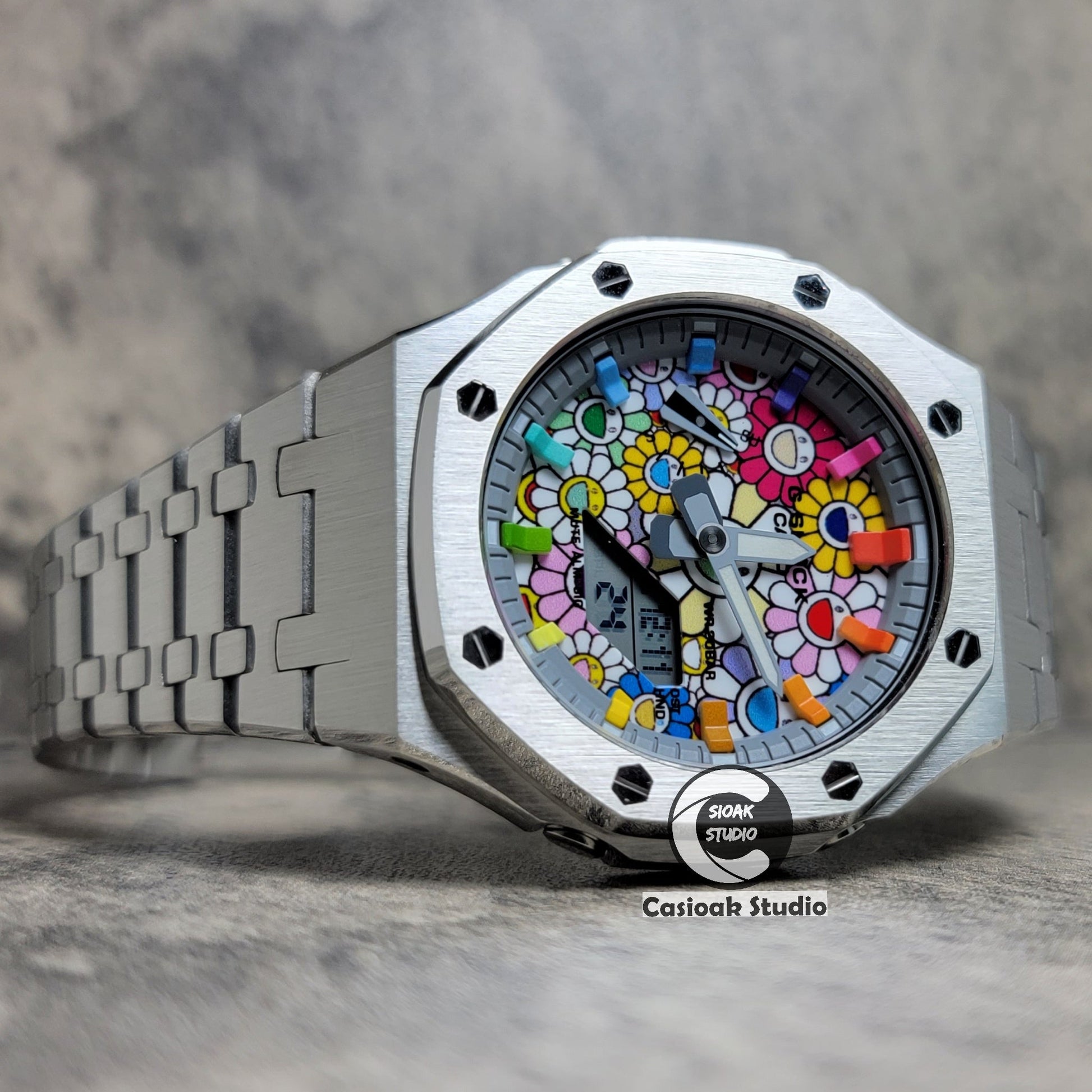 Casioak Mod Watch Silver Case Metal Strap Rainbow Time Mark Takashi Murakami Dial 44mm- Casioak Mod Casio G-Shock Royal Oak Custom Mens Luxury Watches Ga2100